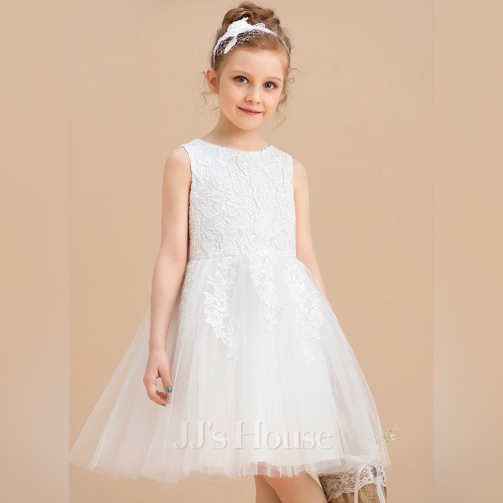 Princess Flower Girl Dress A-line Scoop Knee-Length Lace Tulle With Bow